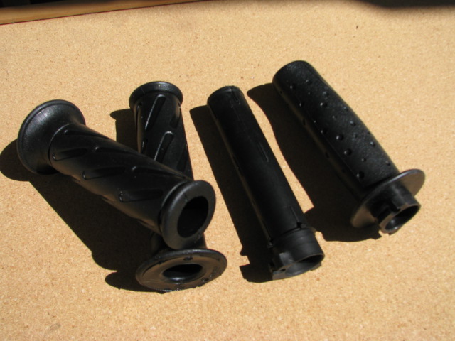 Left to right: new softer grips, plastic throttle spool from original Buddy grip, and an original black throttle grip.