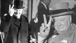 Churchill on the left is saying F.U. and Churchill on the right is saying Victory (also Peace).