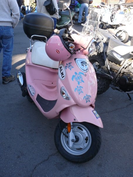 Pink Buddy :)  This lady was funny.  She complimented my boots and matching gear and then said I was so cute she wanted to smack me :P  and she called Sean a little Pimp Daddy for his GPS and all the chrome and light stuff on his Italia.