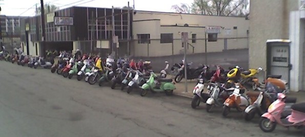 line of scooters outside The Gyspy Hut 3.31.2007 at 5 PM