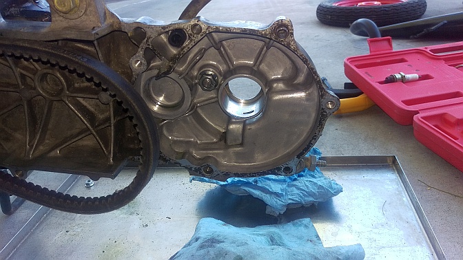 Stripped transmission, drive belt side.