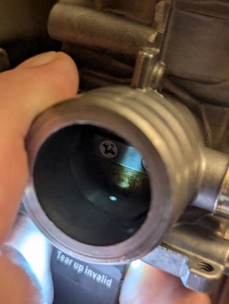 Idle port backlit from the chamber; the mixture screw is removed.