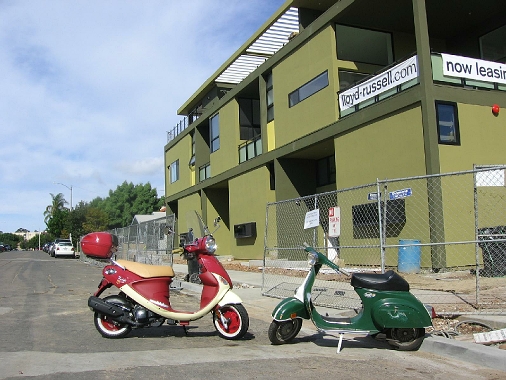 My Buddy says hello to a beautiful old Vespa spotted on the way home from the ride.