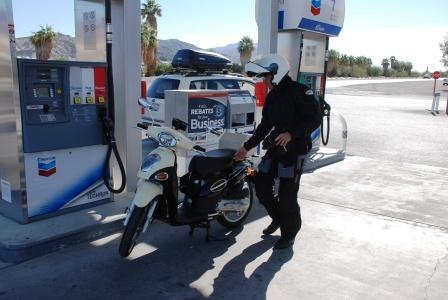 Tom Wheeler (Wheeler Powersports), Kymco People T2 50cc, 1st Overall/1st Place 50cc Class! Fueling at Chevron, Furnace Creek, Death Valley, CA.